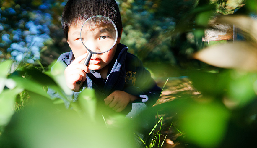 child looking through magnifying glass at plants